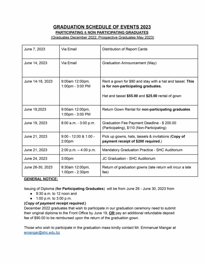 Graduation Schedule Sacred Heart Junior College